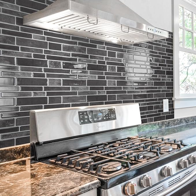 Art3d 10-Sheet Peel and Stick Backsplash Tile, Vinyl Stick On Wall Tile for Kitchen Bathroom Laundry Room, Marble Design 12" x 12" - Smoky Black