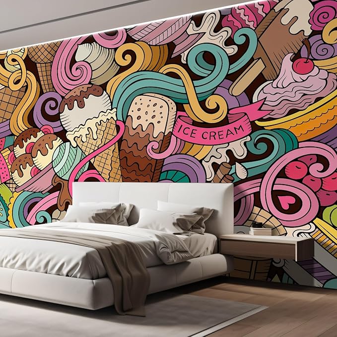 wall26 Cartoon Hand-Drawn Ice Cream Doodles Seamless Pattern Removable Wall Mural Self-Adhesive Large Wallpaper - 100x144 inches