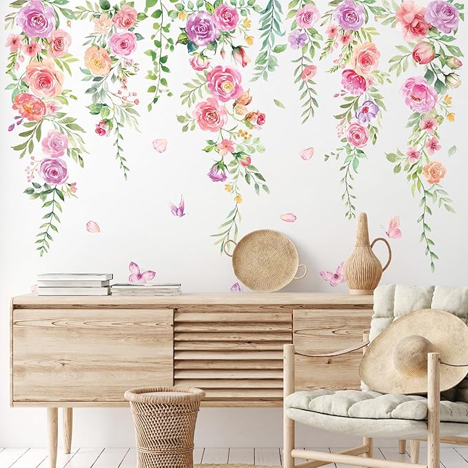 Zonon 6 Pcs Flowers Wall Decals Stickers Vinyl Removable Peel and Stick Colorful Dragonflies Floral Wall Murals Decor for Bedroom Living Room Nursery(Pink Purple Flower)