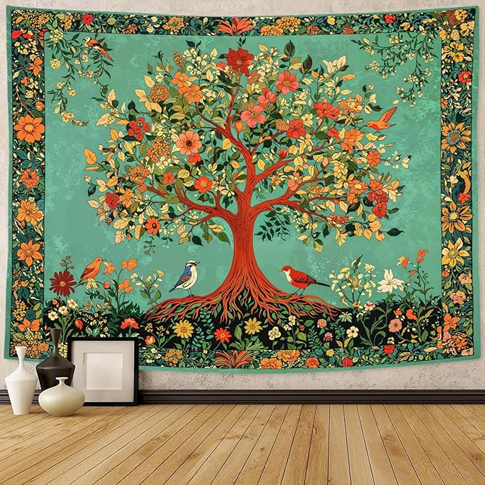 Zussun Boho Tree of Life Tapestry Vintage Nature Green Pink Plant Floral Flowers Leaves Birds Tapestries for Bedroom Aesthetic Retro Indian Tapestry Wall Hanging for Dorm Living Room 60 x 44 Inch