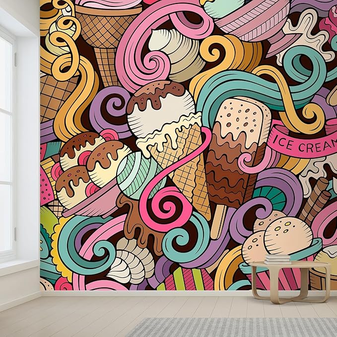 wall26 Cartoon Hand-Drawn Ice Cream Doodles Seamless Pattern Removable Wall Mural Self-Adhesive Large Wallpaper - 100x144 inches