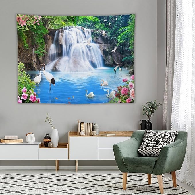 ZhiRain Waterfall Landscape Tapestry Wall Hanging Natural Forest Garden Trees And Roses Flower Scenery Tapestries Home Decor for Living Room Bedroom Apartment Farmhouse Dorm 60"x80"