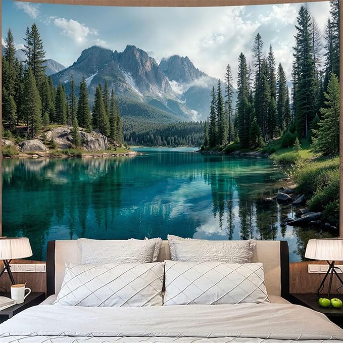 Zussun Nature Forest Mountain Tapestry Green Emerald Lake Pine Tree Tapestry for Bedroom Aesthetic Snowy Peaks Landscape Small Tapestries Wall Hanging for Dorm Living Room Decor 48 x 36 Inch