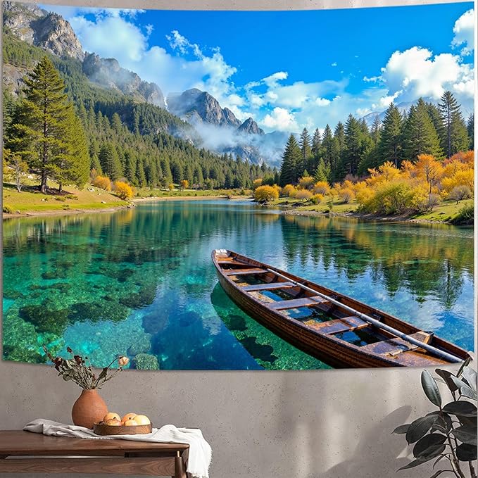 Zussun Nature Mountain Forest Tapestry Green Pine Tree Wall Tapestry for Bedroom Aesthetic Stream Boat Landscape Large Tapestries Wall Hanging for Dorm Living Room Decor 80 x 60 Inch