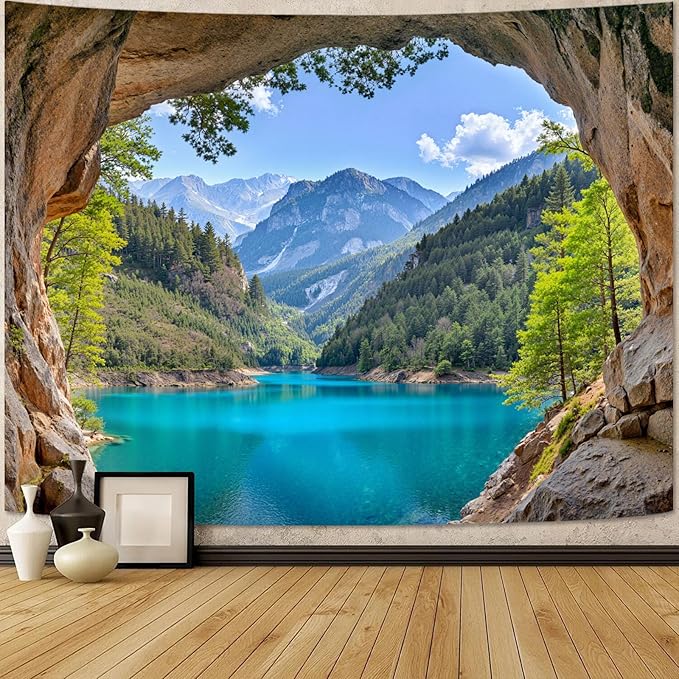 Zussun Nature Forest Mountain Tapestry Cave Pine Tree Tapestry for Bedroom Aesthetic Teal Lake Landscape Large Tapestries Wall Hanging for Dorm Living Room Decor 80 x 60 Inch