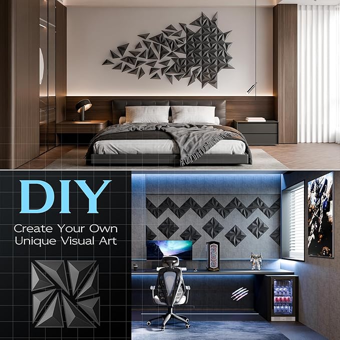 33-Pack 3D Wall Panels, 129" x 35" Textured Geometric Design Wall Tiles, PVC Decorative Wall Panels for Living Room, Bedroom, Bathroom, Office, Modern Wall Decor, Easy Install & Paintable- Black
