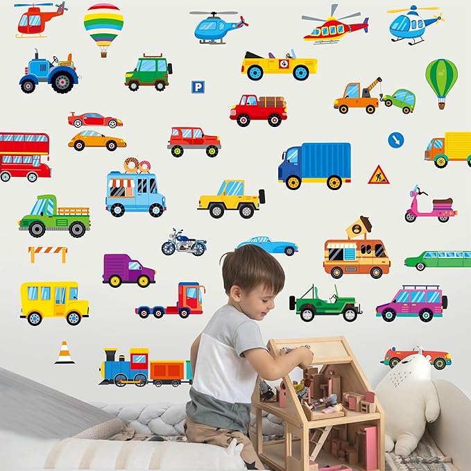 105 PCS Vehicle Wall Stickers, Self-Adhesive Vinyl Transportation Decals-Cars Buses Trucks Planes Road Signs, Colorful Wall Decors for Kids Room, Playroom, Classroom, Boys & Girls