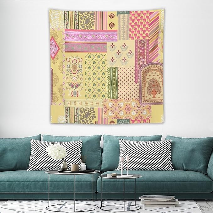 ZhiRain Patchwork Bohemian Tapestry Wall Hanging Colorful Boho Flower Floral Botanical Vintage Retro Indian Tapestries Home Decor for Living Room Bedroom Apartment Farmhouse Dorm 60"x60"