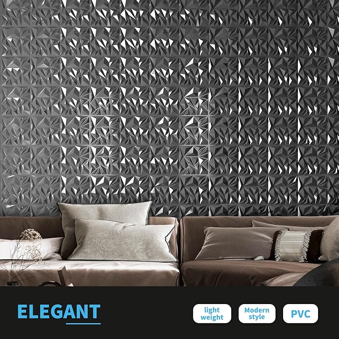 Art3d 33-Pack 3D Wall Panels - Diamond Textured Feature Paneling for Gaming, Living Room, TV Wall - 12 x 12 inch Silver