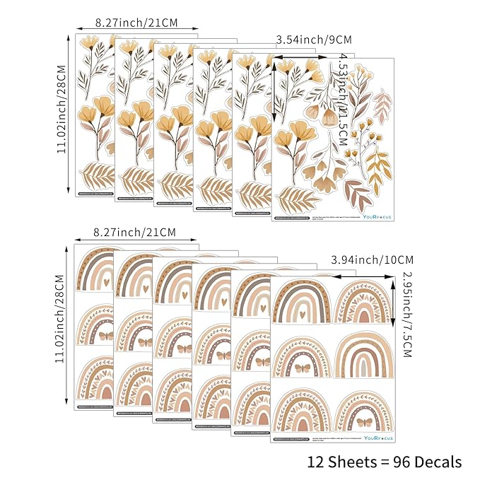 YouRfocus Boho Rainbow Floral Wall Decals for Nursery & Kids Room – Set of 96 Removable Peel and Stick Wall Stickers, Neutral Boho Home Decor (12 Sheets