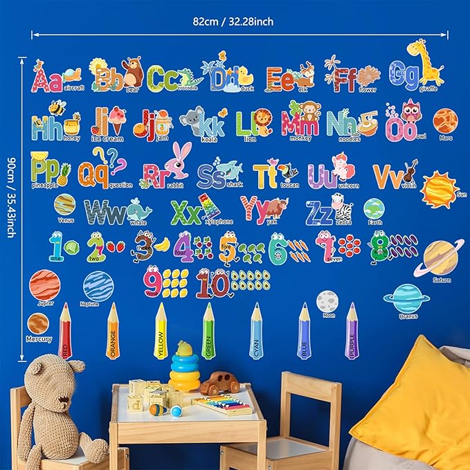 Animal Alphabet Numbers Colour Decals Stickers, ULENDIS ABC Letters Pens Space Planets Educational Wall Decals, Peel and Stick Removable Wall Decors for Toddlers Classroom Bedroom Nursery Playroom