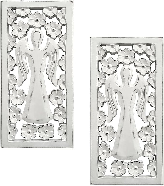 Wood Wall Art - Wall Panels in Handcrafted Carved Wood For Livingroom Bedroom,Dining room,Elegant Decorative Wall Art for Home & Office 8x16" Set of 2 White Antique_Angels Designs