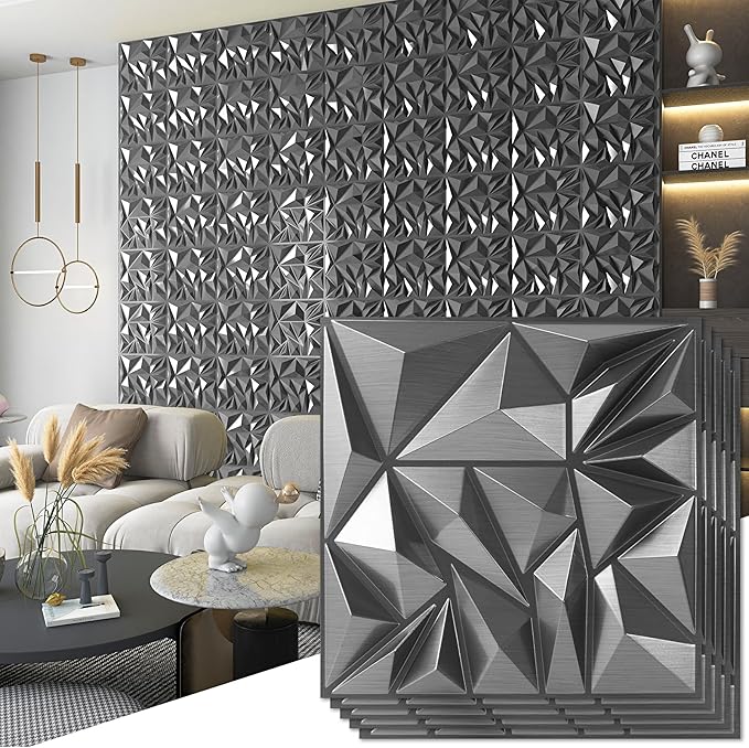 Art3d 33-Pack 3D Wall Panels - Diamond Textured Feature Paneling for Gaming, Living Room, TV Wall - 12 x 12 inch Silver