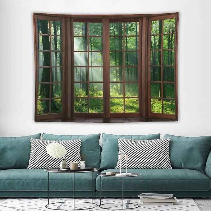 ZhiRain Forest Tapestry Wall Hanging Green Tree Full Scenery Window Jungle Wild Nature Landscape Print Tapestries Home Decor for Living Room Bedroom Apartment Farmhouse Dorm 60"x80"