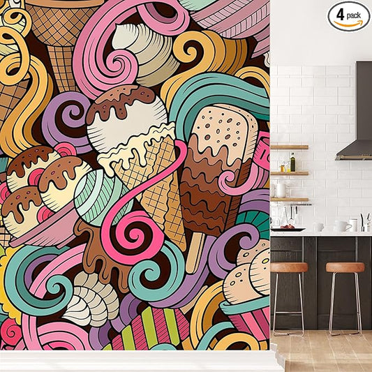 wall26 Cartoon Hand-Drawn Ice Cream Doodles Seamless Pattern Removable Wall Mural Self-Adhesive Large Wallpaper - 120x96 inches