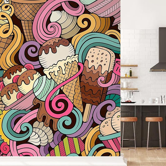 wall26 Cartoon Hand-Drawn Ice Cream Doodles Seamless Pattern Removable Wall Mural Self-Adhesive Large Wallpaper - 108x72 inches