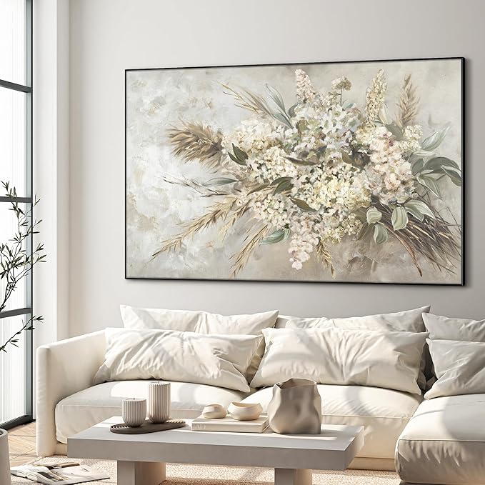 46"x72" XL Framed Wall Art - Elegant Whimsical White Flower Bouquet (Frame Assembly Required)