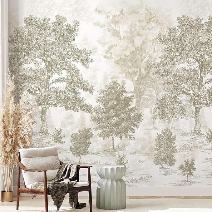 Zeeko Vintage Forest Wall Mural Peel and Stick 148" W x 98" H Beige Tree Wallpaper Self-Adhesive Large Nature Landscapes Murals Canvas Wall Decor for Bedroom Bathroom