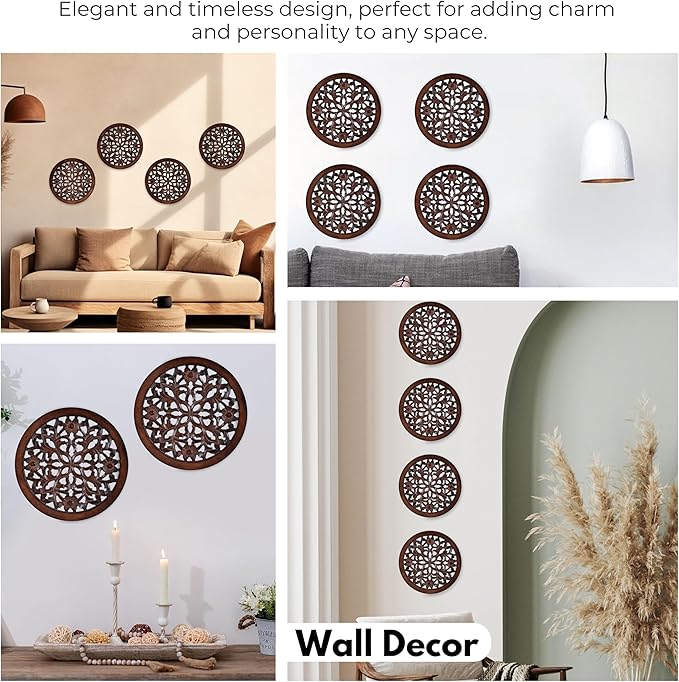 Wood Wall Art - Wall Panels in Handcrafted Carved Wood For Livingroom Bedroom,Dining room,Elegant Decorative Wall Art for Home & Office 12x12" Set of 6 Natural Burnt Finish