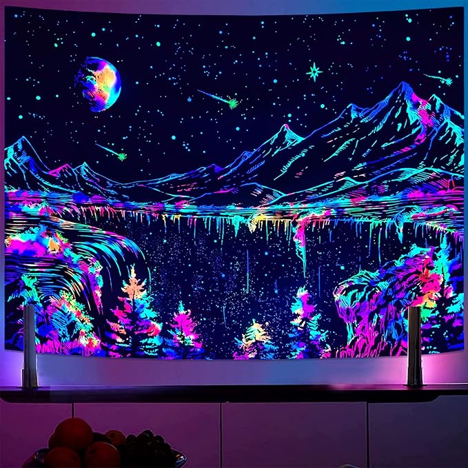 Zussun Blacklight Mountain Tapestry Starry Night Tapestries for Bedroom Aesthetic Moon and Stars Tapastry Wall Hanging Glow in The Dark Nature Forest Wall Tapestry for Living Room Dorm (90'' × 68'')