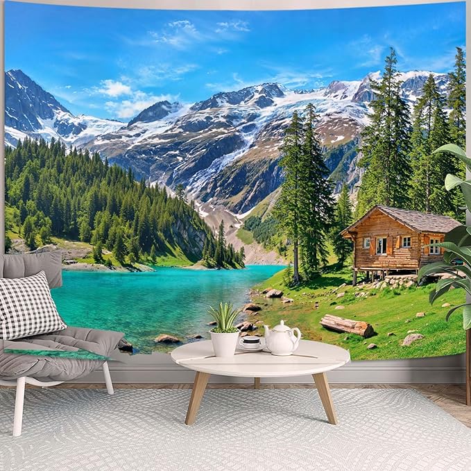 Zussun Nature Mountain Forest Tapestry Green Pine Tree Stream Wall Tapestry for Bedroom Aesthetic Wooden Cabin Snowy Landscape Large Tapestries Wall Hanging for Dorm Living Room Decor 80 x 60 Inch