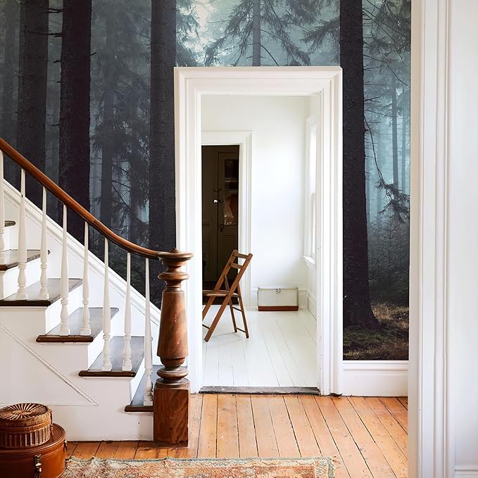 Zeeko Dark Foggy Forest Wall Mural Peel and Stick 148" Wx 98" H Misty Woodland Pine Tree Self Adhesive Removable Wallpaper Large Canvas Waterproof Landscape Mural for Bedroom