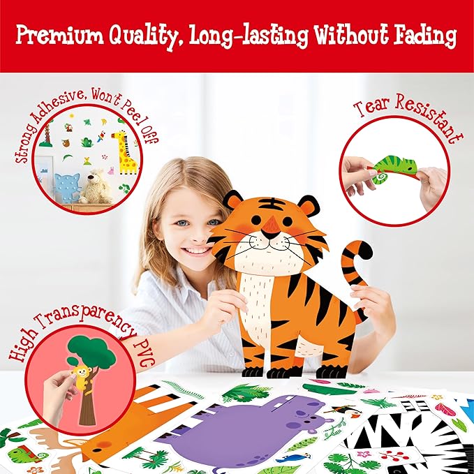 113 PCS Animal Wall Stickers, Self-Adhesive Vinyl Decals-Zebra, Flamingo, Giraffe, Lion, Elephant, Deer, Tiger, Hippo & Plants, Jungle Animals Decors for Baby Nursery, Kids Room, Playroom, Classroom