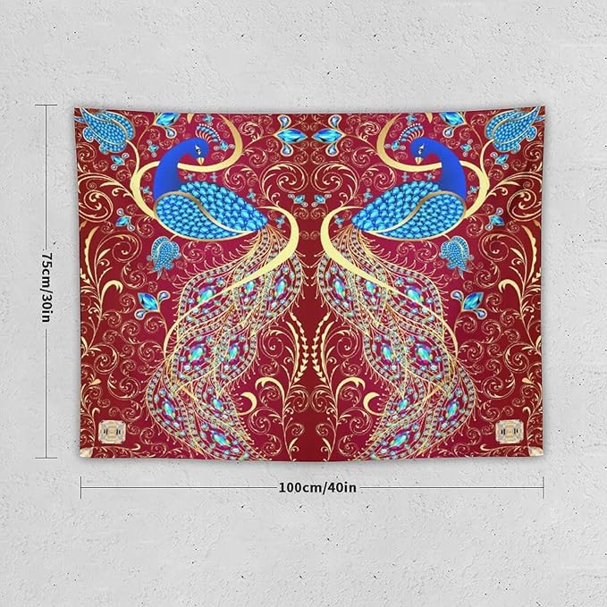 ZhiRain Peacock Ornament Tapestry Wall Hanging Golden Red Background Elegant Bohemian Style Tapestries Home Decor for Living Room Bedroom Farmhouse Apartment Dorm 30"x40"