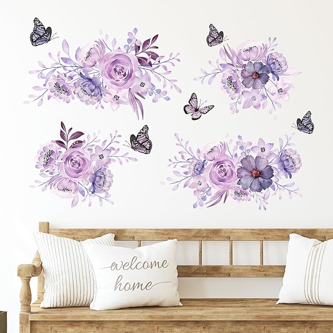 Zonon 6 Pcs Flowers Wall Decals Stickers Vinyl Removable Peel and Stick Colorful Dragonflies Floral Wall Murals Decor for Bedroom Living Room Nursery(Flower and Butterfly)
