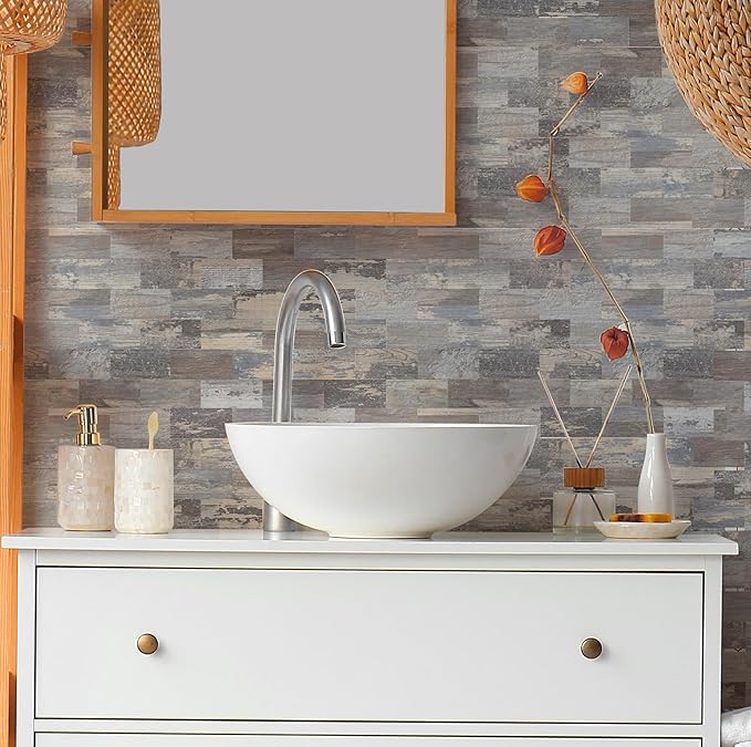 1-Pack Peel and Stick Tile Backsplash 12"X12" PVC Wall Tiles, Stick on Backsplash for Kitchen, Bathroom Tile, Fireplace Décor, Laundry Table, Stair Decals in Light Rustic