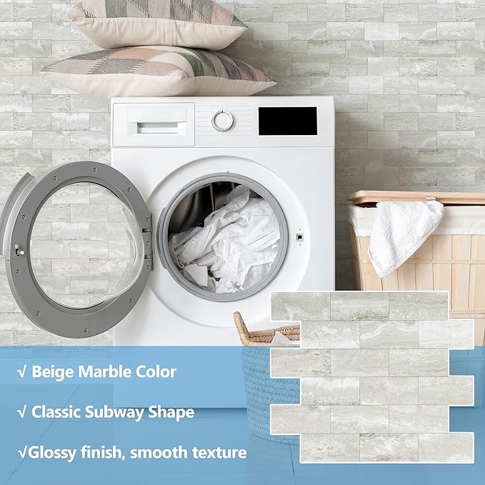 10-Pack Peel and Stick Tile Backsplash 12"X12" PVC Wall Tiles, Stick on Backsplash for Kitchen, Bathroom Tile, Fireplace Décor, Laundry Table, Stair Decals in Dolomite