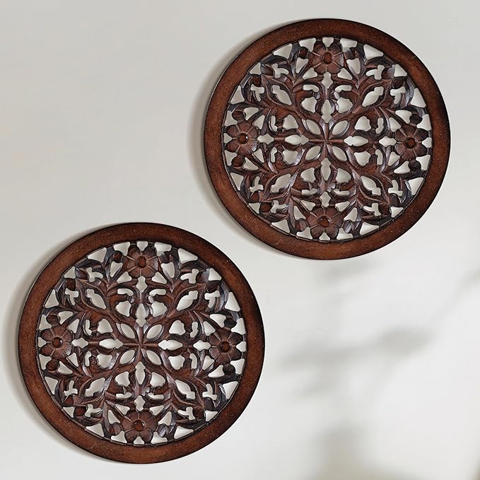 Woodify Hand-Carved Wooden Wall Décor – Set of 2, 12" x 12" Decorative Wood Panels, Floral Design, Natural Burnt Finish, Wall Art for Living Room & Home Décor