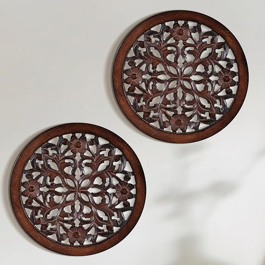 Woodify Hand-Carved Wooden Wall Décor – Set of 2, 12" x 12" Decorative Wood Panels, Floral Design, Natural Burnt Finish, Wall Art for Living Room & Home Décor