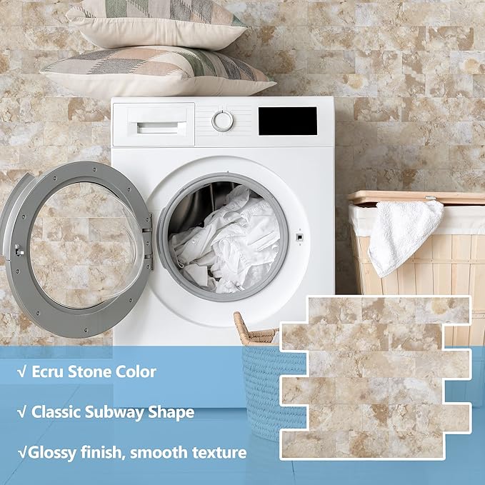 10-Pack Peel and Stick Tile Backsplash 12"X12" PVC Wall Tiles, Stick on Backsplash for Kitchen, Bathroom Tile, Fireplace Décor, Laundry Table, Stair Decals in Ecru Stone