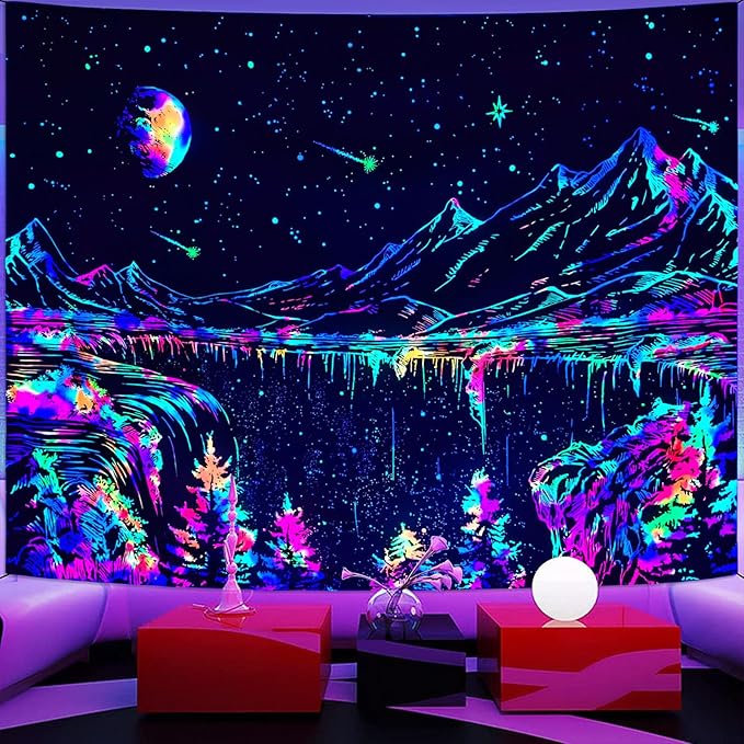 Zussun Blacklight Mountain Tapestry Starry Night Tapestries for Bedroom Aesthetic Moon and Stars Tapastry Wall Hanging Glow in The Dark Nature Forest Wall Tapestry for Living Room Dorm (90'' × 68'')