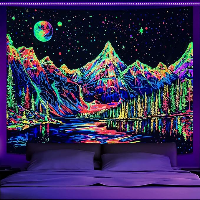 Zussun Blacklight Mountain Forest Tapestry for Bedroom Aesthetic Hippie Pine Tree River Lake Tapestries Wall Hanging Glow in The Dark Moon and Stars Wall Tapestry for Living Room Dorm 48 × 36 Inch