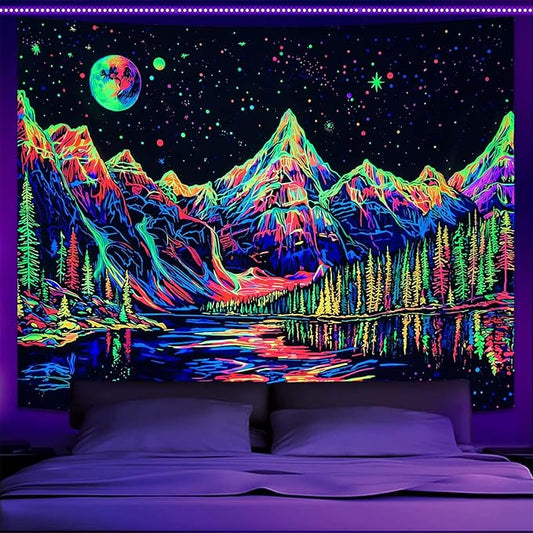 Zussun Blacklight Mountain Forest Tapestry for Bedroom Aesthetic Hippie Pine Tree River Lake Tapestries Wall Hanging Glow in The Dark Moon and Stars Wall Tapestry for Living Room Dorm 80 × 60 Inch