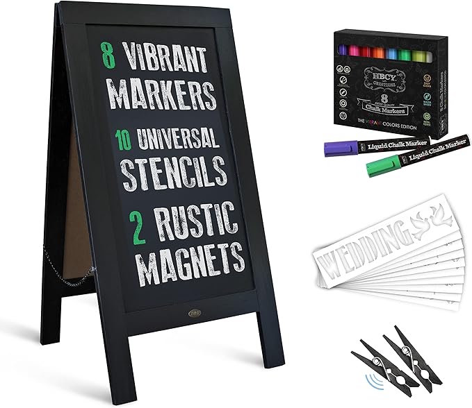 A Frame Chalkboard with Chalk Markers by HBCY Creations: 40x20 Solid Wood A-Frame Sign Gray Double-Sided Magentic Menu Board, Deluxe Set Includes 8 Chalk Markers, 10 Stencils, 2 Magnets