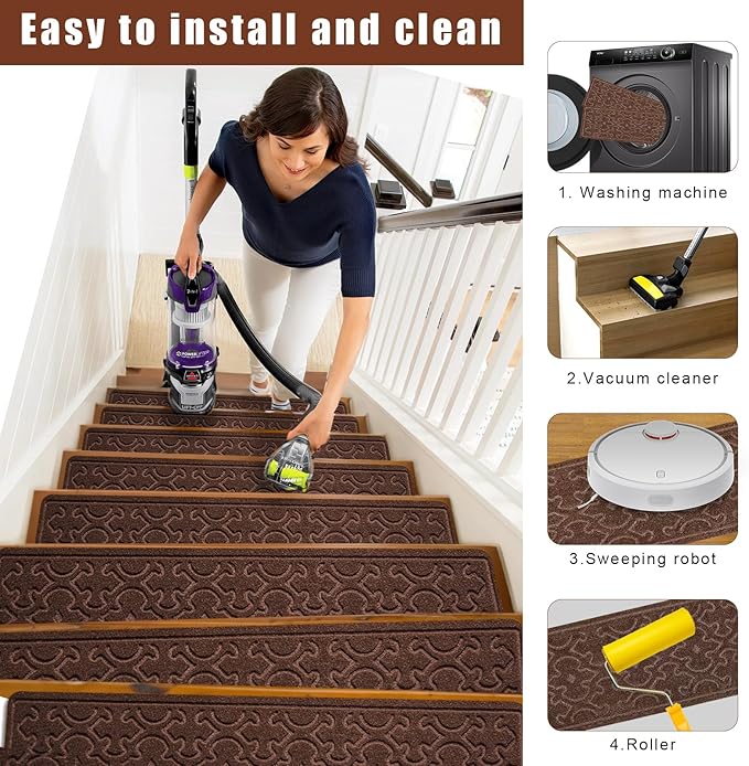 4Pcs Stair Treads for Wooden Steps Indoor with Self Adhesive, 8"x30" Non Slip Stair Runners-Peel & Stick Indoor Stair Carpet Runner, Resistant Indoor Runner for Kids、Elders and Pets,Dark Brown