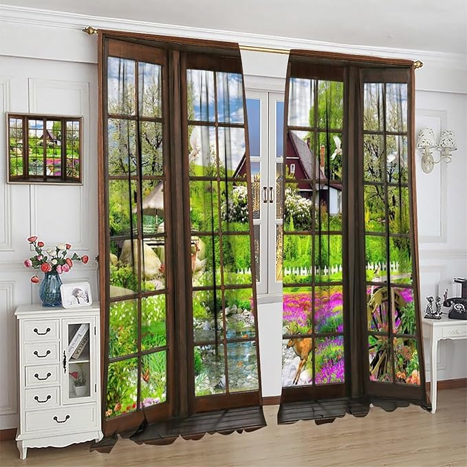 3D Landscape Curtains, Windows in Farmhouse Hut Wildlife Woods Creek Nature Landscape, Blackout Noise Reduction Curtains for Bedroom Living Room, 2 Panel Set,63X63 Inch