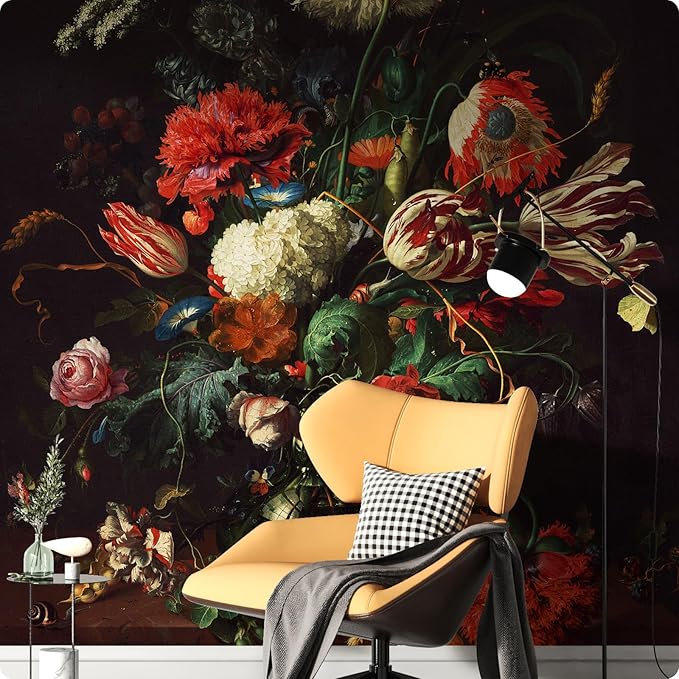 Zeeko Dark Floral Peel and Stick Wall Murals 59" W x 98" H Vintage 3D Flowers Wallpaper Self Adhesive Nature Botanical Wall Art for Bedroom TV Background Living Room Decor