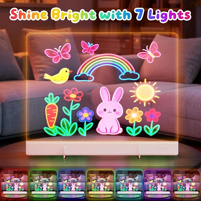 16" LumiBoard LED Drawing Board for Kids - 7 Colors & 10 Modes Rechargeable Acrylic LED Note Board with 7 Markers Cleaning Kit, Sketching & Birthday Gifts for Kids/Girls/Teens