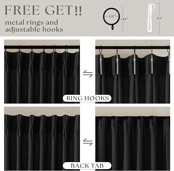 120 Inch Curtains High Ceiling Tall Curtains 2 Panels Set for Living Room Pinch Pleated with Hooks Rings Back Tab Bohemian Semi Sheer Drapes Cottage Long Large Window Drapes 120 Length Black