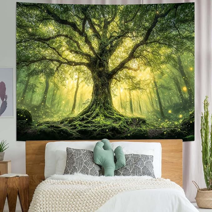 Zussun Green Tree of Life Tapestry Fantasy Fairy Forest Wall Tapestry for Bedroom Aesthetic Nature Misty Woodland Large Tapestries Wall Hanging for Dorm Living Room Decor 80 x 60 Inch
