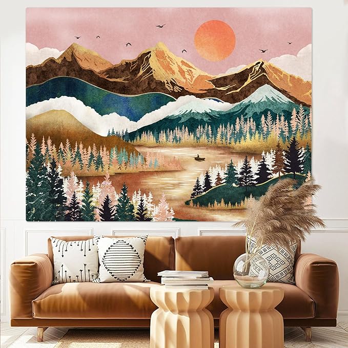 Zussun Mountain Tapestry Nature Forest Tree Tapestries for Bedroom Aesthetic Sunset Tapastry's Wall Hanging Orange and Green Landscape Wall Tapestry for Living Room Dorm (Orange, 90'' × 68'')
