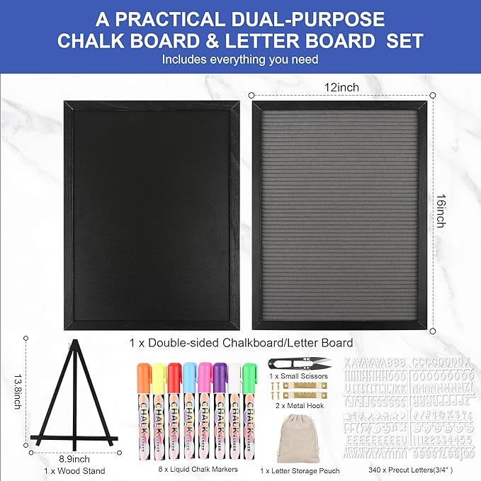 12x16 inch Double Sided Chalkboard and Felt Letter Board with Stand - Reversible Wooden Frame Easel for Menu, Announcements, Home, Office, Cafe, Restaurant Decor