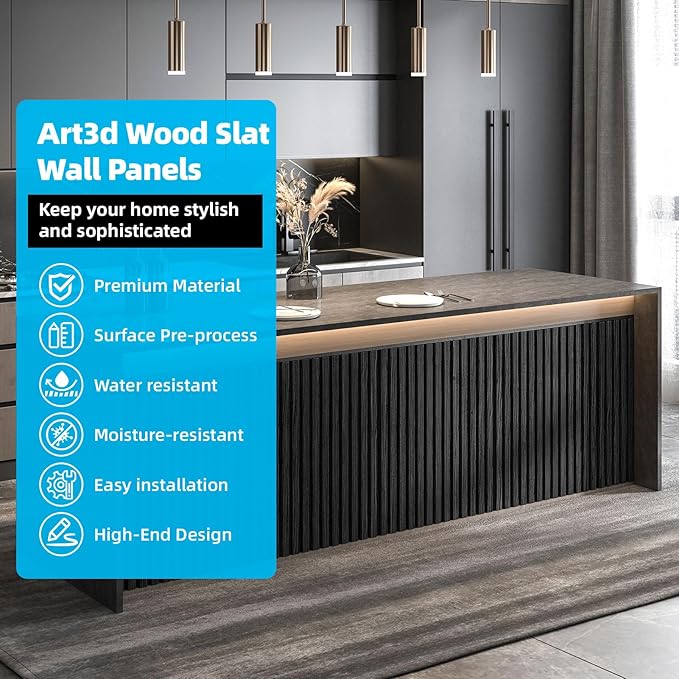 Art3d 6-Pieces Wood Slat Panels for Stylish Interior Decor and Ceiling Decoration, MDF 3D Textured Panel for Ceiling and Wall,Size 94.6 x 7.4 in-Matte Black