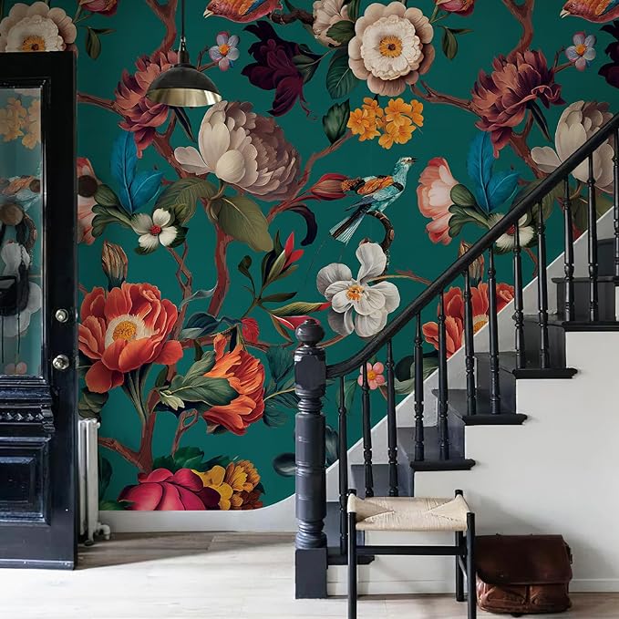 Zeeko Blue Floral Mural Peel and Stick Wallpaper Removable Vintage Wallpaper Large Art Decor for Bedroom Livingroom Home 118'' x 65''