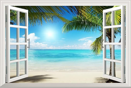 wall26 White Sand Beach with Palm Tree Open Window Wall Mural, Removable Sticker, Home Decor - 36x48 inches