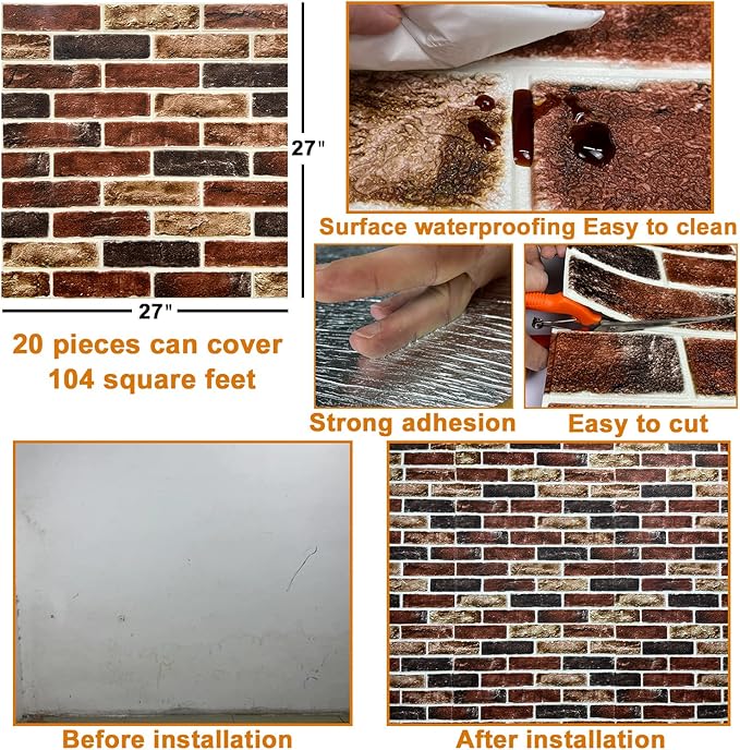 20-Pack 104 Sq.Ft 3D Wall Panels Peel and Stick 3D Faux Brick Wallpaper Peel and Stick Brown Grey Faux Stone Wall Panel Foam Brick Self-Adhesive 3D Wallpaper